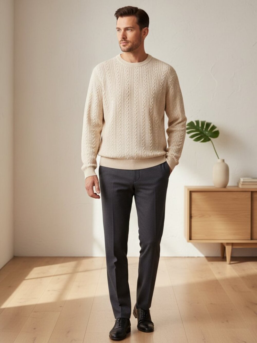 Saks Fifth Avenue L Men's Silk Cable Knit Beige Sweater Minimalist Earthy Cabin
